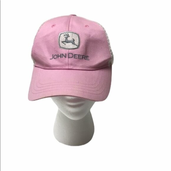 John Deere Pink White Mesh Snapback Hat - Picture 1 of 8